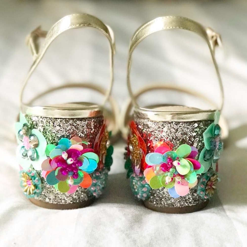 ASOS gold embellished flower chunky heels